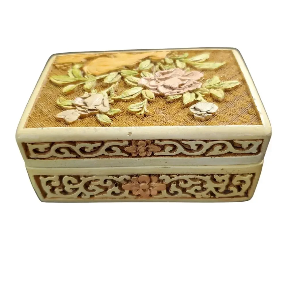 Vintage Ivory Cinnabar Floral Carved Trinket/Jewelry Box & Lid Purple Rose MCM
